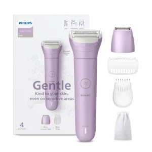 The Philips cordless lady shaver and trimmer provides a gentle, clean shave on legs, underarms, and the bikini area, even on sensitive skin, with less irritation and redness, offering up to 80 minutes of runtime.