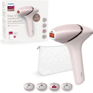 The Philips Lumea 9000 Series IPL hair removal device with SenseIQ and four smart curved tips provides long-lasting smooth skin for body, face, bikini, and armpit hair removal with cordless convenience.
