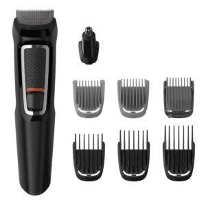 The Philips Multigroom Series 3000 MG3730 is a cordless trimmer with 8 attachments for face, hair, beard, and nose trimming, offering 11 length settings and self-sharpening blades.