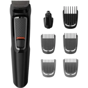 The Philips Multigroom Series 3000 MG3720/15 is a 7-in-1 face and hair trimmer with self-sharpening blades, multiple attachments, and up to 60 minutes of cordless runtime for at-home haircuts and styling.