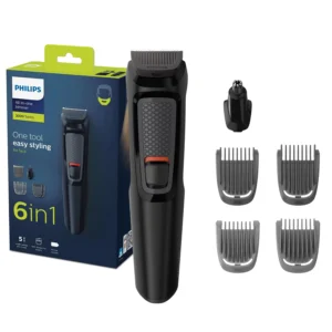 The Philips Multigroom Series 3000 is a cordless 6-in-1 grooming kit for face, beard, moustache, nose, and ear hair trimming, offering up to 60 minutes of runtime per 16-hour charge and includes rinseable attachments for easy cleaning.