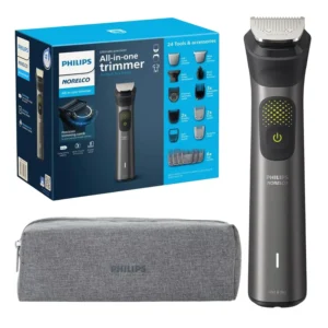 The Philips Multigroom Series 9000 is a 24-in-1 trimmer kit for men, offering precision grooming for beard, hair, and body with self-sharpening steel blades and BeardSense technology.