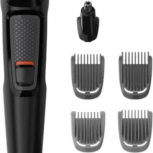 The Philips Multigroom Series 3000 is a black, rectangle-shaped stainless steel precision trimmer for beard, ear, eyebrow, and nose, offering 60 minutes of operating time.