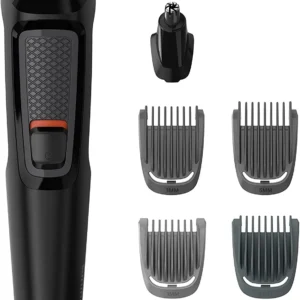 The Philips Multigroom Series 3000 MG3710/13 6-in-1 trimmer offers skin-friendly, self-sharpening blades and cordless use with multiple combs for face trimming.