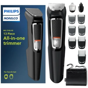This 13-piece Philips Norelco Multi Groomer trims beard, face, nose, and ear hair with self-sharpening steel blades for long-lasting performance and includes a precision trimmer for sharp lines.