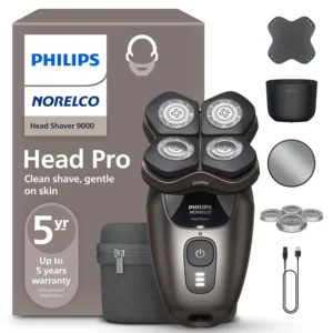 The Philips Norelco Head Shaver Pro 9000 with 360° flexing head and ComfortCut blades provides a close, comfortable shave for bald men and women.