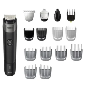 The Philips Norelco Multigroomer 5000 is an 18-piece all-in-one trimmer for beard, face, hair, body and intimate grooming, with self-sharpening steel blades and long-lasting lithium-ion battery.