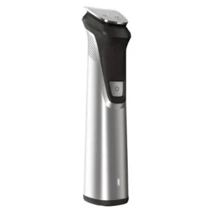 The Philips Norelco Multigroomer Series 9000 is displayed with its various attachments, highlighting its versatility for trimming hair, mustaches, and beards, and its maintenance-free, self-sharpening blades.