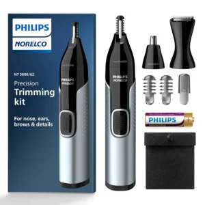 The Philips Norelco 5000 nose trimmer kit efficiently removes unwanted nose, ear, and eyebrow hair with protective skin guard and dual-sided blades.