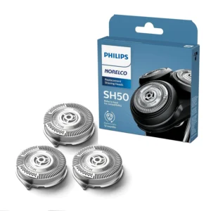 Three Philips Norelco SH50/52 replacement shaving heads compatible with Series 5000 shavers like the S6600, designed with multi-precision blades for optimal shaving performance, and recommended for replacement every 12 months.