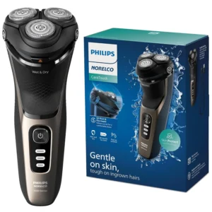 Philips Norelco Shaver 3000 Series Care Touch electric shaver provides a clean, comfortable wet or dry shave with self-sharpening blades and includes a travel pouch.