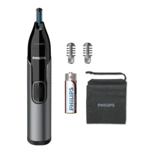 Philips NT3650/16 nose and ear hair trimmer with protective guard system and two eyebrow combs, includes a storage case and AA battery for easy grooming.