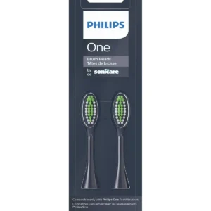 Two midnight blue Philips One by Sonicare replacement brush heads with tapered, soft nylon bristles, designed for gentle polishing and easy snap-on replacement every three months.