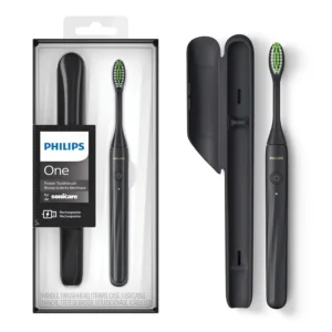 The Philips One rechargeable toothbrush in Shadow color gently polishes teeth with micro vibrations for a brighter smile, and includes a travel case and USB charger.