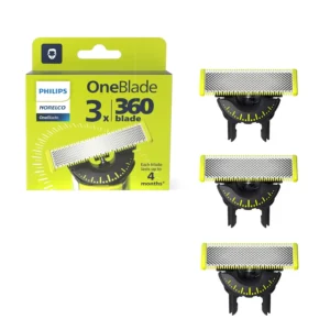 Three Philips Norelco OneBlade 360 replacement blades, designed to flex and shave any length of hair with skin protection, ensuring a comfortable shave for up to 12 months.
