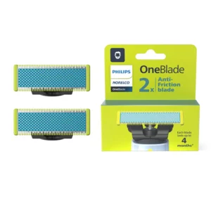 Two genuine Philips Norelco OneBlade anti-friction replacement blades for a smooth, comfortable shave, lasting up to 8 months.