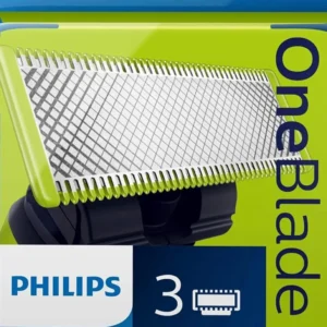 A package of three Philips Norelco OneBlade replacement blades designed to trim, edge, and shave any length of hair, featuring a glide coating and rounded tips for skin protection.