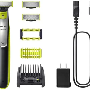 The Philips OneBlade Face and Body trimmer provides a perfect edge with its dual-sided blade and includes an adjustable comb, skin guard, and extra blades for both wet and dry use, powered by a long-lasting Li-ion battery.