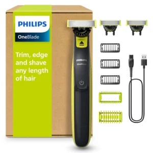 The Philips OneBlade 360 face and body groomer trims, edges, and shaves hair of any length on your face or body, and includes multiple attachments for different hair lengths and sensitive areas.