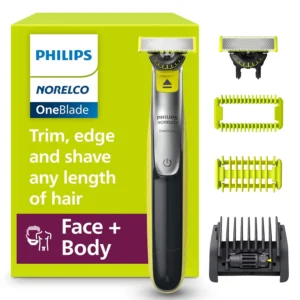 Philips Norelco OneBlade 360 face and body hybrid electric trimmer and shaver with adjustable comb and body kit for trimming, shaving, and body grooming.