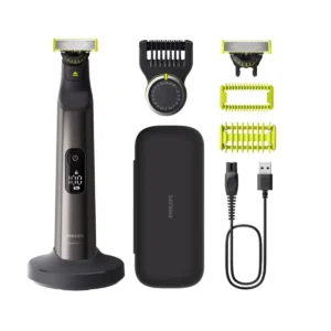 Philips OneBlade Pro 360 face and body electric trimmer and shaver with 2 360 blades, 14-length comb, body kit, charging stand and travel case, designed for comfortable and precise grooming.