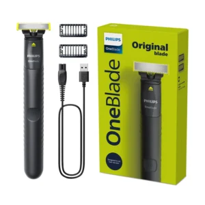 A low-end Philips OneBlade Style face shaver with a 30-minute runtime, charged by a USB cable.