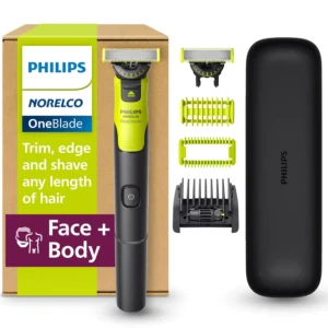 Philips Norelco OneBlade 360 hybrid electric groomer for face and body, featuring 360 blade technology, a 5-in-1 comb, body kit, and travel case for trimming, shaving, and grooming with comfort and precision.