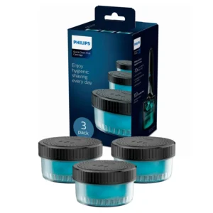 Three Philips Quick Clean Pod replacement cartridges keep your electric shaver clean and provide a fresh, skin-friendly shave for up to nine months.