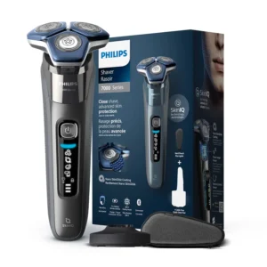 Philips Series 7000 electric shaver for men with SkinGlide coating and SteelPrecision blades, featuring charging stand and travel case.