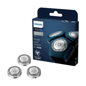 A pack of three Philips SH71/51 replacement shaver heads with Steel Precision blades, compatible with Series 7000 and angular-shaped Series 5000 electric shavers, designed for close shaving and long lifespan.