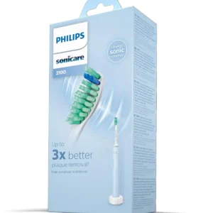 Light blue Philips Sonicare 2100 Series rechargeable electric toothbrush with advanced sonic technology for removing plaque and improving gum health.