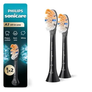 Two black Philips Sonicare A3 Premium All-In-One replacement toothbrush heads remove plaque, improve gum health, and whiten teeth.