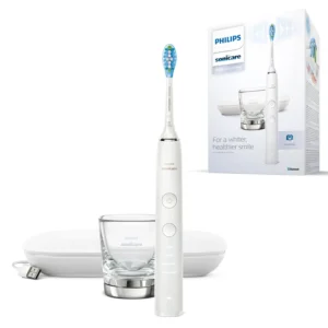 The Philips Sonicare DiamondClean 9000 electric toothbrush in white uses sonic technology to remove 10x more plaque, offering whiter teeth in one day, with customized cleaning modes and intensity levels.