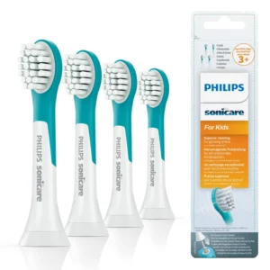 Four Philips Sonicare kids replacement brush heads provide better plaque removal with gentle sonic motion cleaning for children's teeth.