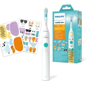 Philips Sonicare Kids Electric Toothbrush Pet Edition helps children brush for the dentist-recommended two minutes, featuring customizable stickers and gentle sonic cleaning action.