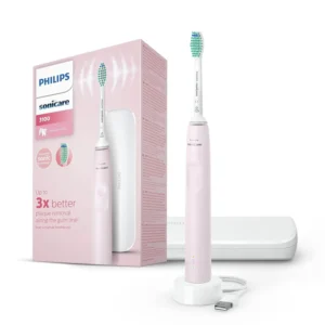 Philips Sonicare 3100 electric toothbrush in sugar rose with travel case, featuring pressure sensor and timer for effective and gentle cleaning.