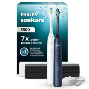 This pack includes two white and navy Philips Sonicare 5500 electric toothbrushes with optimal white brush heads and travel cases, designed for superior plaque removal and teeth whitening.