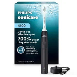 The sleek black Philips Sonicare 4100 electric toothbrush provides advanced plaque removal and gentle gum care with a pressure sensor and long-lasting battery.