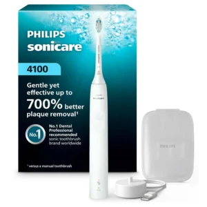 A white Philips Sonicare 4100 electric toothbrush removes plaque and gently cleans gums for a superior oral care routine.