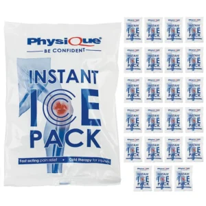 Pack of 24 PHYSIQUE instant ice packs provide fast-acting cold therapy and pain relief for injuries and emergency first aid.