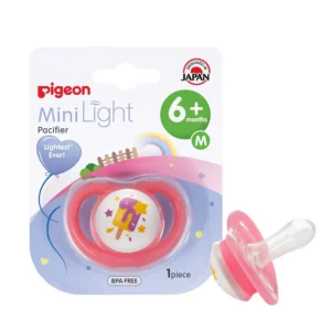 Pigeon Minilight pacifier for girls, featuring an ultra lightweight design, soft silicone nipple and BPA-free construction for baby's comfort and safety.