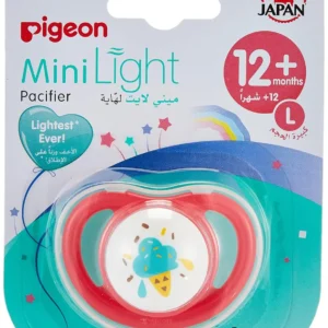 This ultra-light Pigeon pacifier for girls, size L, features a soft silicone nipple to comfortably fit in the baby's mouth and breather holes for enhanced safety.