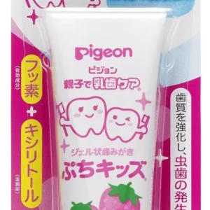 A tube of PIGEON Puchikizzu strawberry-flavored tooth gel from Japan, accompanied by a JP Post tracking number for secure delivery.