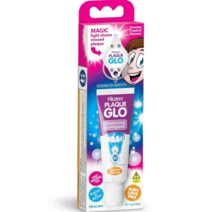 Piksters Plaque Glo toothpaste with blue light reveals plaque for better brushing, encouraging kids and all ages to improve their oral hygiene with effective plaque disclosing technology and 1000 ppm fluoride protection, without messy red dyes.