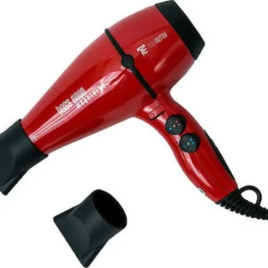 Red PILOT Boss 6000 hair dryer made in Italy with two nozzles, featuring separate temperature and speed controls, suitable for professional salon and home use.