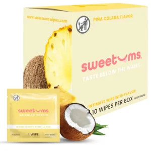 A box of ten Sweetums piña colada flavored intimate wipes that are pH balanced and individually packaged.