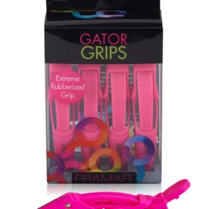This image shows a set of four pink alligator hair clips with rubberized grips, ideal for styling and sectioning all hair types.
