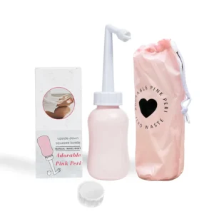 Adorable pink peri bottle with angled spout provides gentle and effective postpartum cleansing for new moms.
