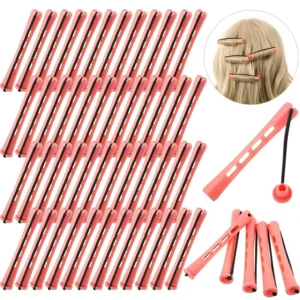 This image shows 48 pink plastic perm rods for creating beautiful curls and waves at home or in the salon.