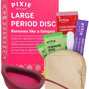 A large, soft, reusable Pixie menstrual disc made of medical-grade silicone, a menstrual cup alternative.